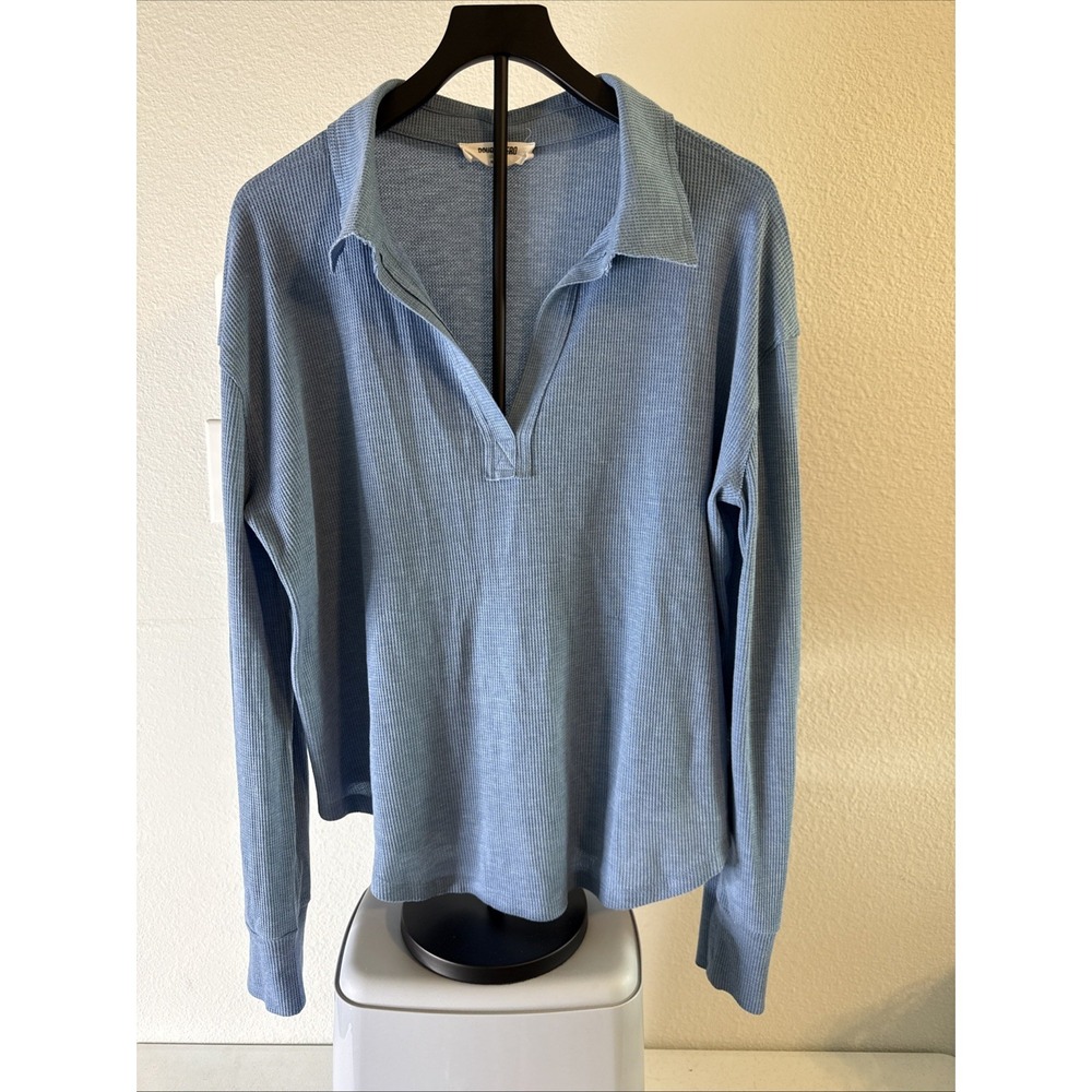 Double Zero Women's Oversized Waffle Knit Henley Top Blue Size L